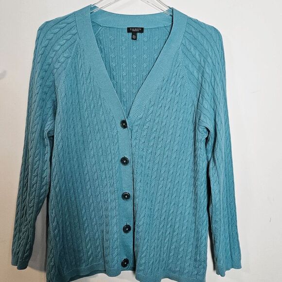 Talbots Cable Knit 100% Deep V Neck Button Front Cardigan Women's Blue Size 2X/P - Picture 1 of 4